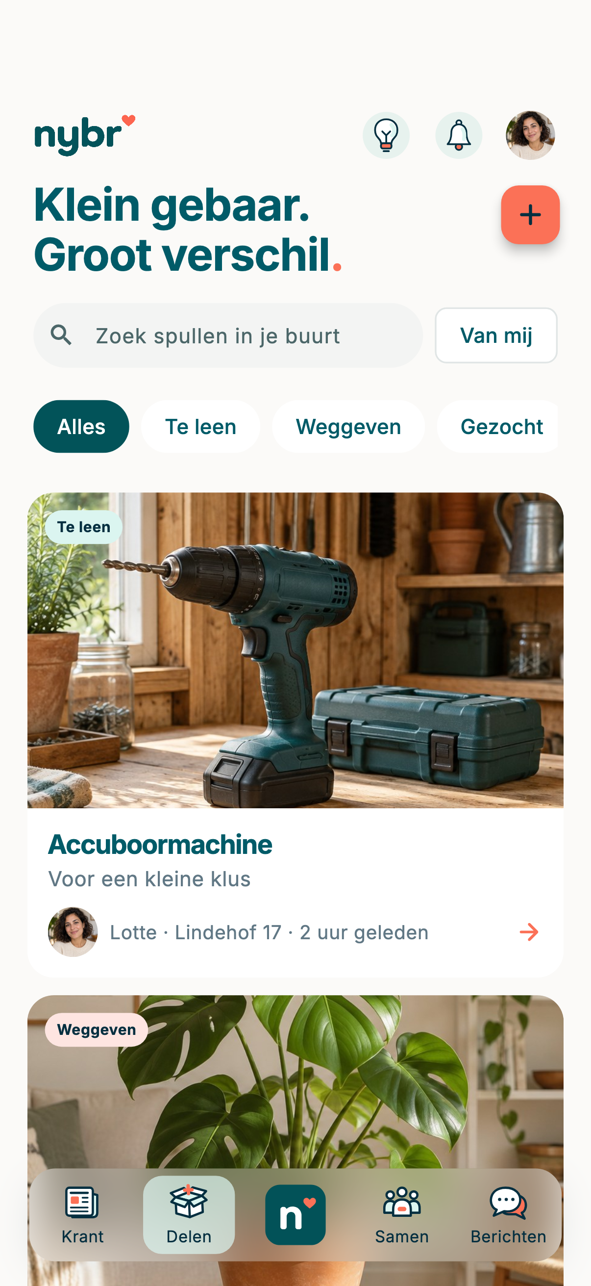 Het huidige Delen-scherm met fictieve bewoners en inhoud
