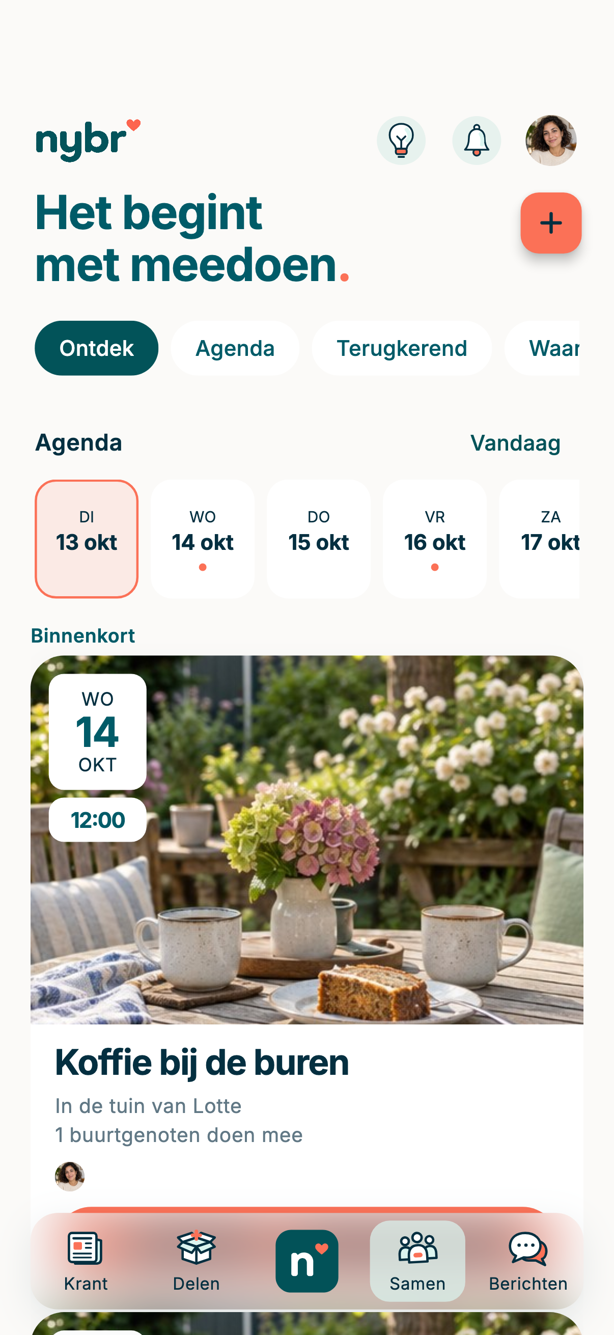 Het huidige Samen-scherm met fictieve bewoners en inhoud